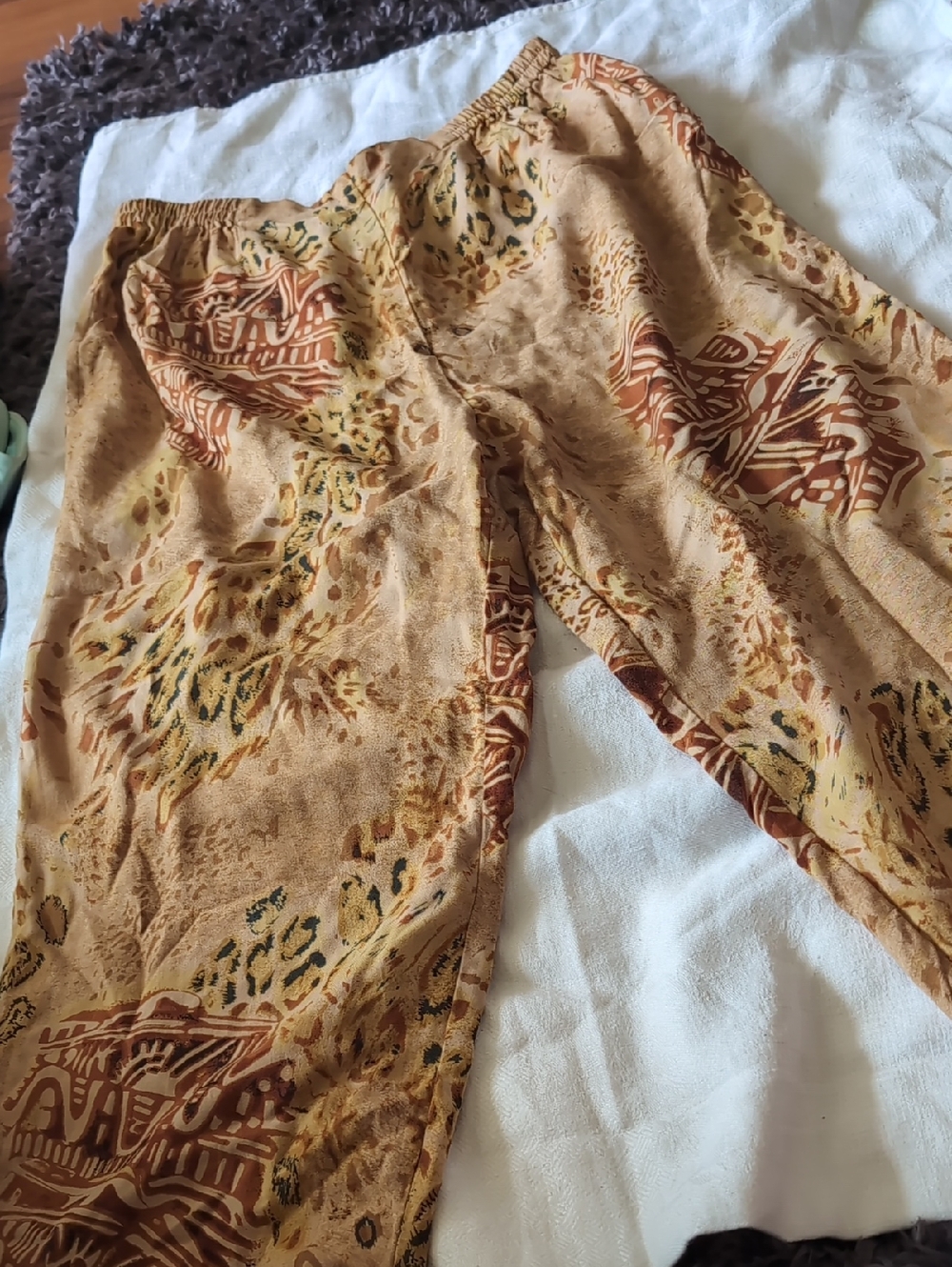 Phool Rayon Elastic-Waist Boho Pants in Tan & Rust